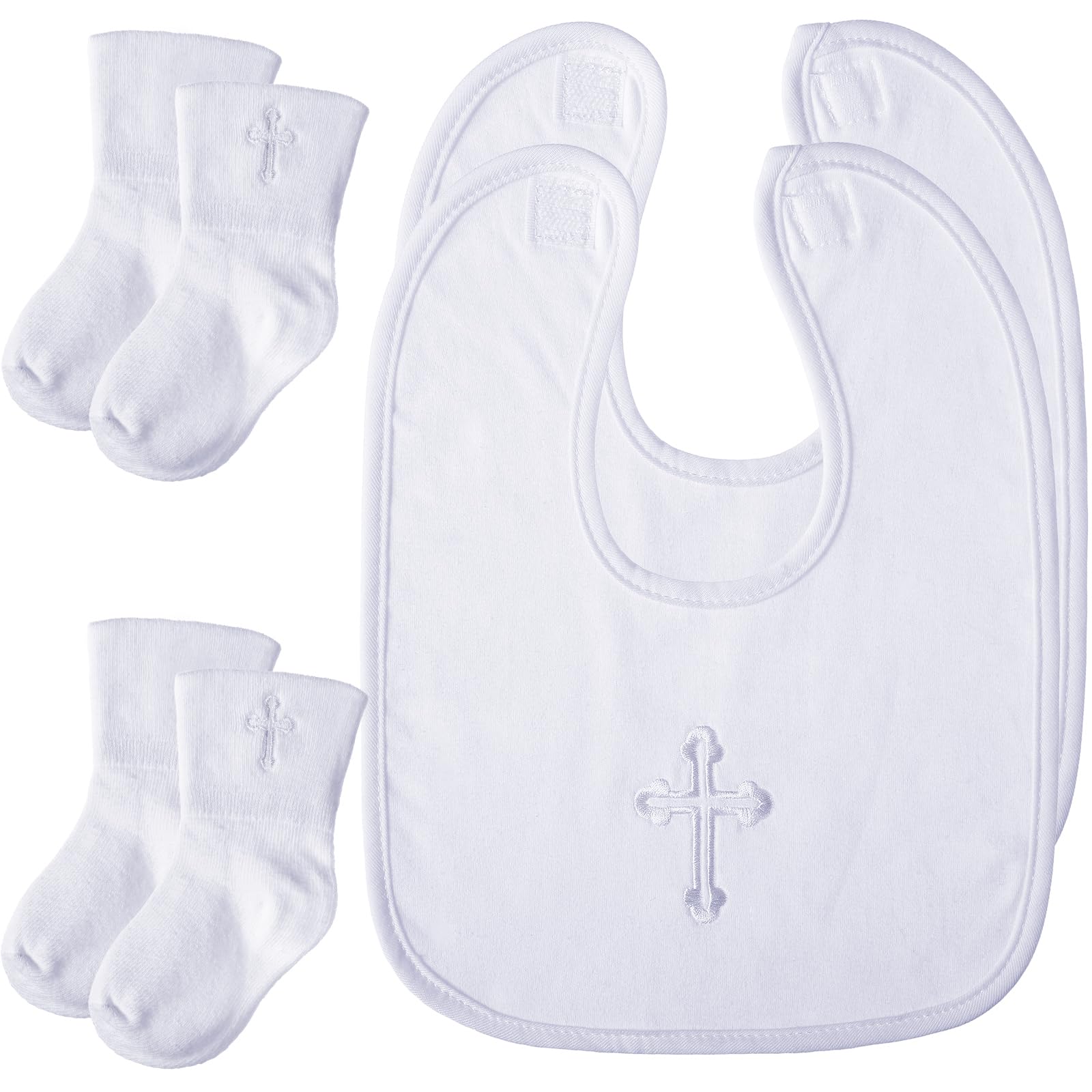 Jiuguva 4 Pcs Baptism Bibs And Socks Set Christening Bib For Baby White Embroidered Cross Baptism Outfit For Boy Girl (6-12Month