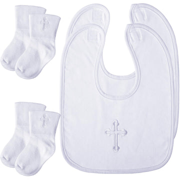 Jiuguva 4 Pcs Baptism Bibs And Socks Set Christening Bib For Baby White Embroidered Cross Baptism Outfit For Boy Girl (6-12Month