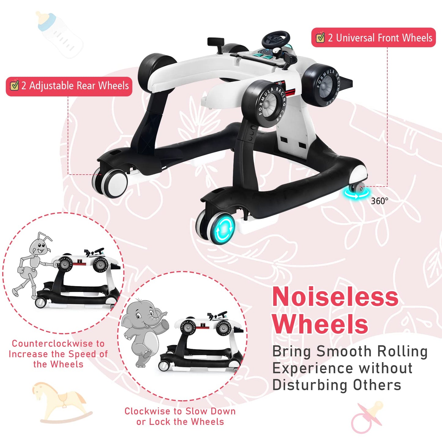 Baby Joy 4-In-1 Baby Walker, Foldable Activity Walker With Adjustable Height & Speed, Music, Lights, Anti-Rollover, Toddler Push