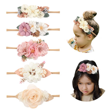 Cinaci 5 Pack White Pink Delicate Rose Flower Nylon Headbands Floral Hair Bows Daisy Flowers Headband Elastic Hair Bands Easter