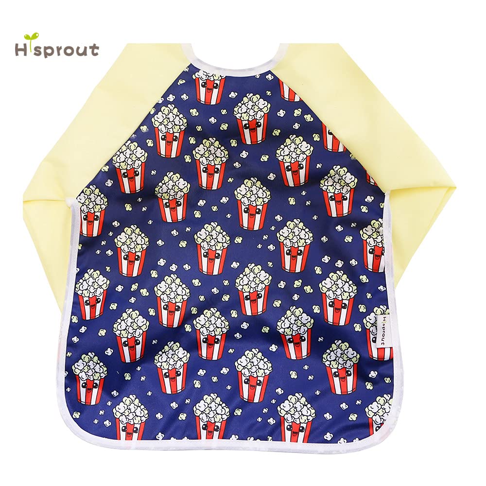 Hi Sprout Infant Toddler Baby Waterproof Sleeved Bib, Bib with Sleeves&Pocket, 6-24 Months (popcorn)