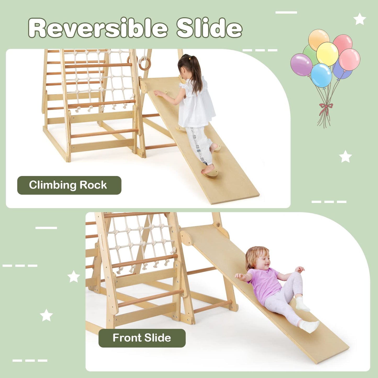 Infans 7 In 1 Kids Indoor Playground, Wooden Montessori Climber Playset With Tent Slide Climbing Rock Climbing Net, Playground J