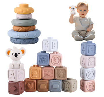 TMYIDO 2-in-1 Soft Stacking Building Blocks & Soft Infant Teething Toys,Montessori BabyToys for 06-12-18 Months,Learning Toys & 
