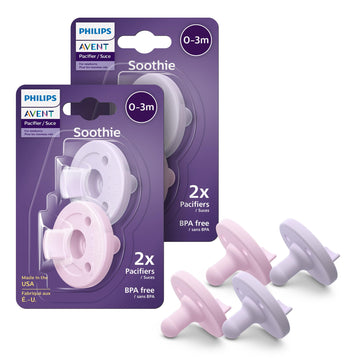 Philips Avent Soothie 0-3 Months Orthodontic Baby Pacifiers, 100% Silicone Pacifiers, One Piece, Bpa-Free, 2 Lilac And 2 Pink, 4