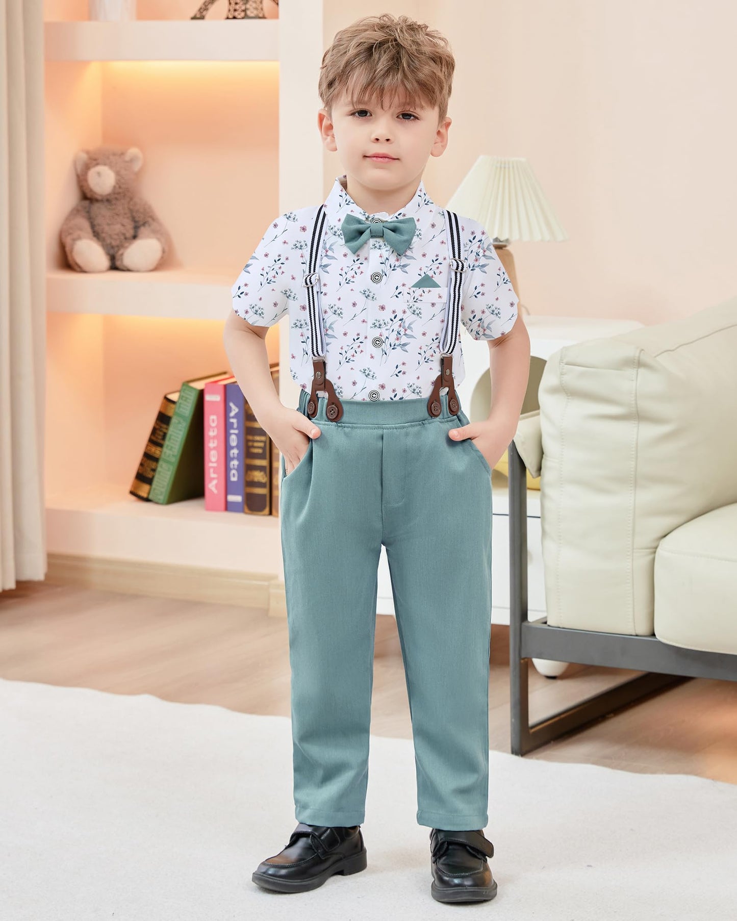 Disaur Boys Church Outfit Short Sleeve White Flower Dress Shirt Bow Tie Suspender Green Pants Toddler Formal Outfit Boy 2T 3T 2-