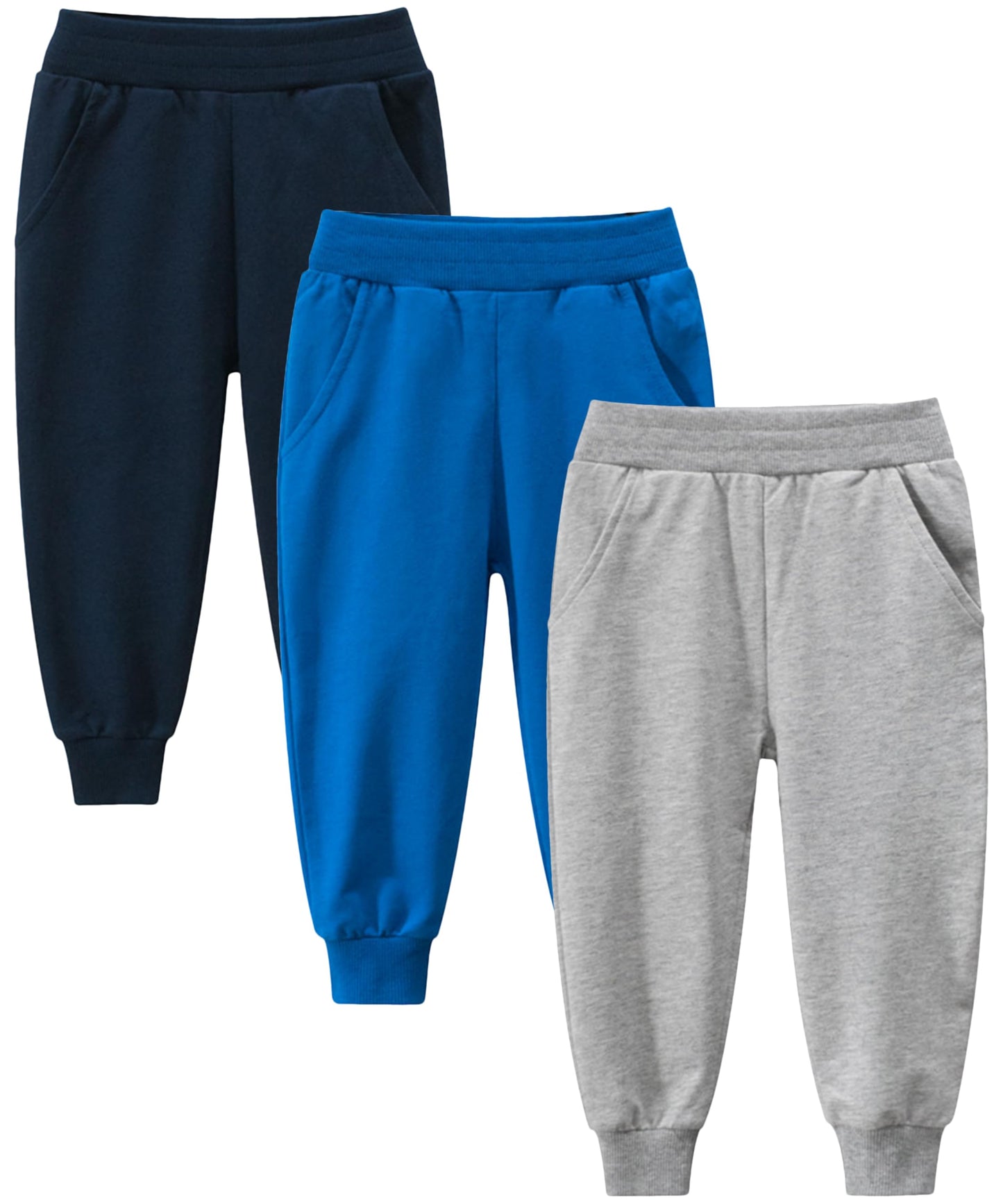 Gfqlong Toddler Boys 3 Pack Cotton Active Jogger Sweatpants,Kids Casual Athletic Solid Pocket Pull On Pants,Grey+Blue+Navy