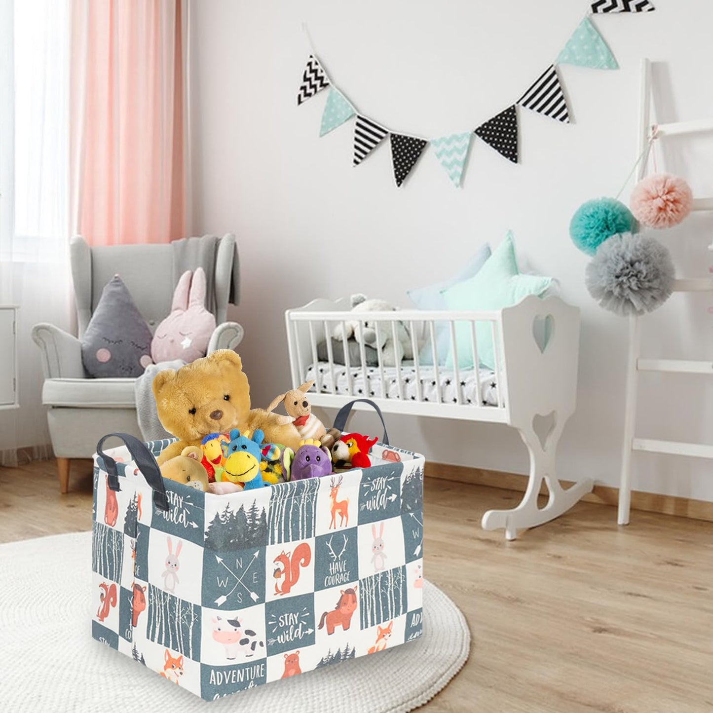 Fxolcshe Rectangular Baby Storage Basket,Nordic Style Animal Basket,Waterproof Folding Laundry Basket,Nursery Hamper,Animal Stor