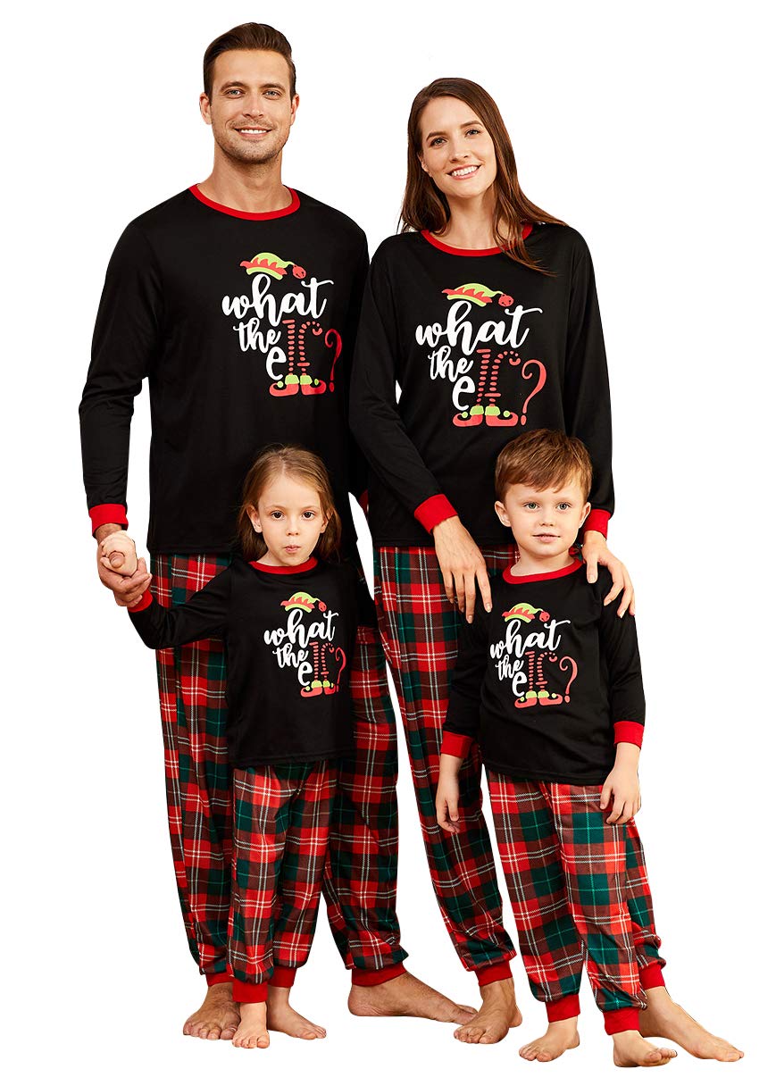 Iffei Christmas Pajamas For Family Matching Pj'S Sets With Letter Elf Printed Long Sleeve Tee And Plaid Bottom With Pocket 3-4 Y