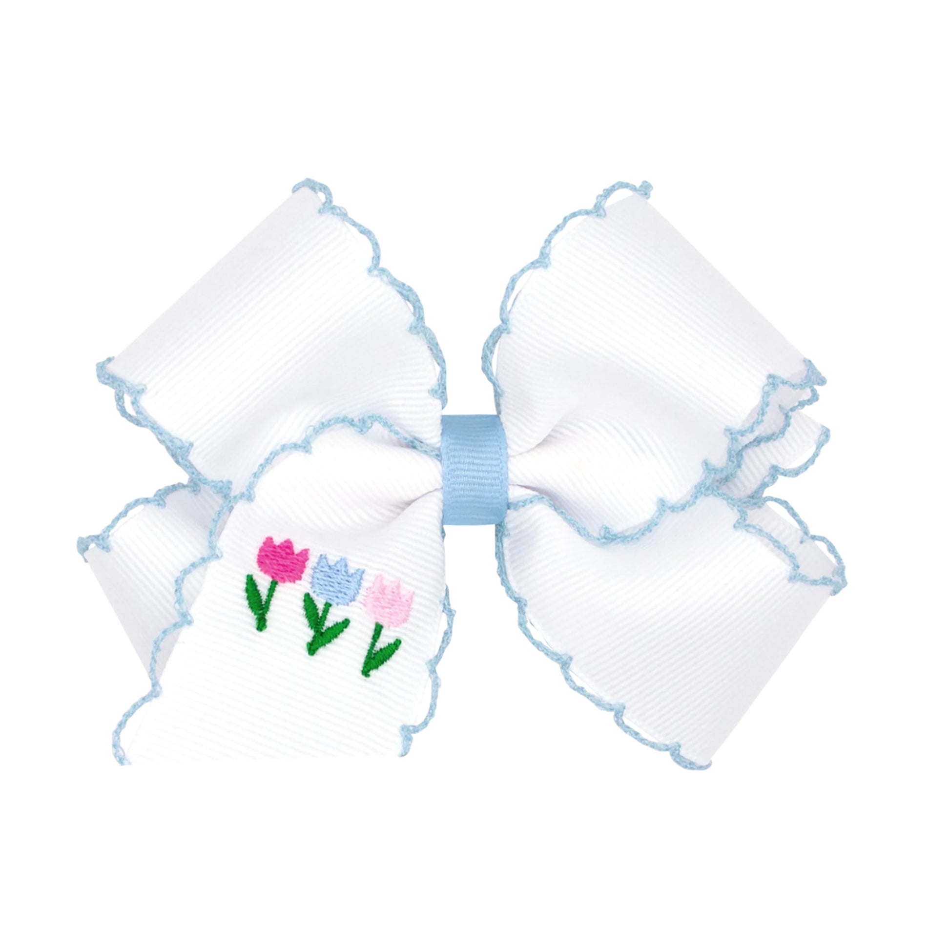 Wee Ones Girls' Easter Embellished Grosgrain Bow With Moonstitch Edge On A Weestay Clip, Handmade, Medium, Tulip Embroidery