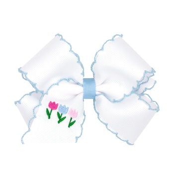 Wee Ones Girls' Easter Embellished Grosgrain Bow With Moonstitch Edge On A Weestay Clip, Handmade, Medium, Tulip Embroidery