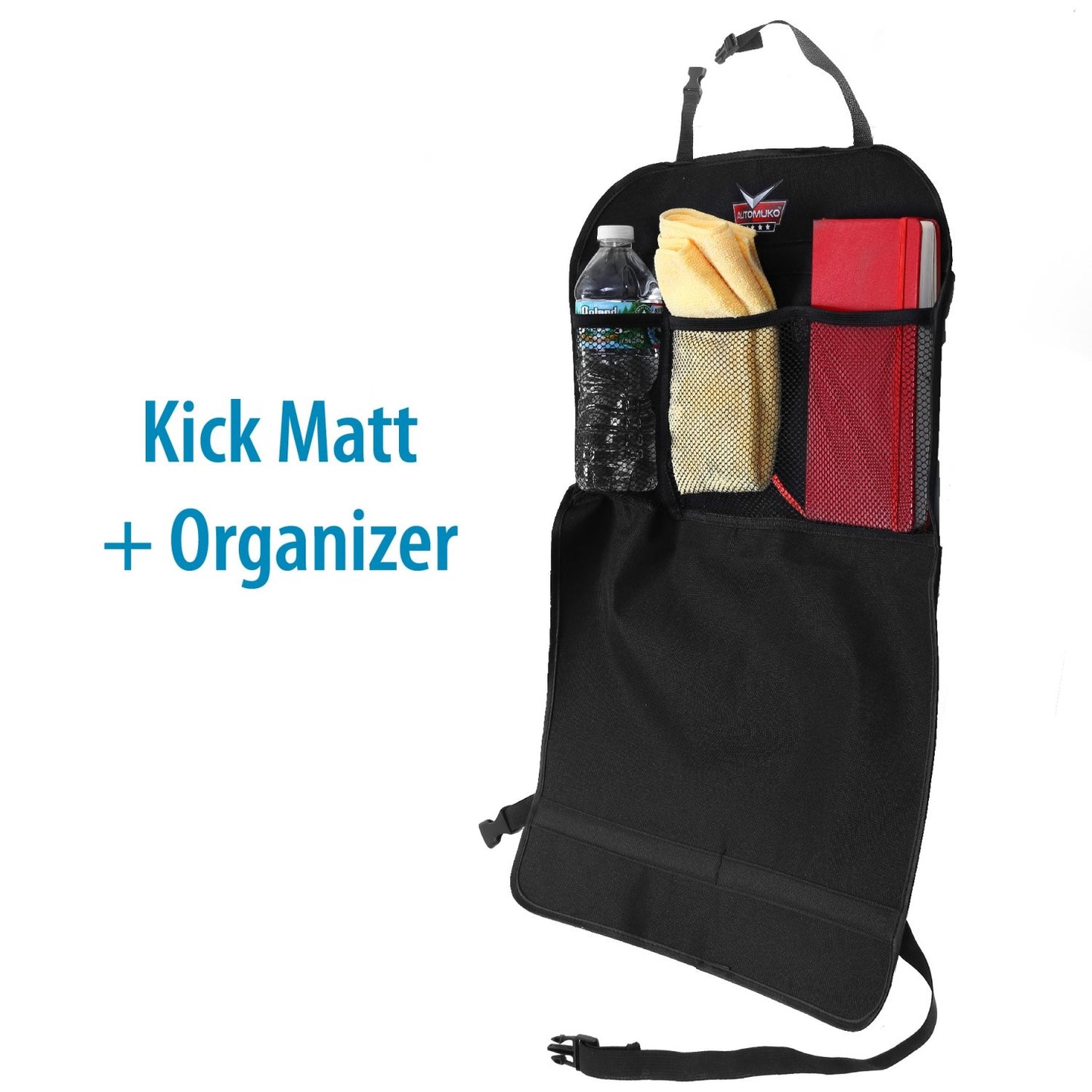 Automuko Kick Mats With Organizer - Premium Thick Waterproof Quality Seat Back Protectors - Extra Long Size With Adjustable Stra