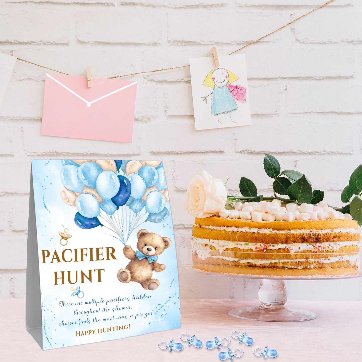 Guawubiang Winnie Pacifier Hunt Sign, Mini Pacifiers Baby Shower Game Set, Classic Pooh Decor Pacifier Hunt Baby Shower Game, 50