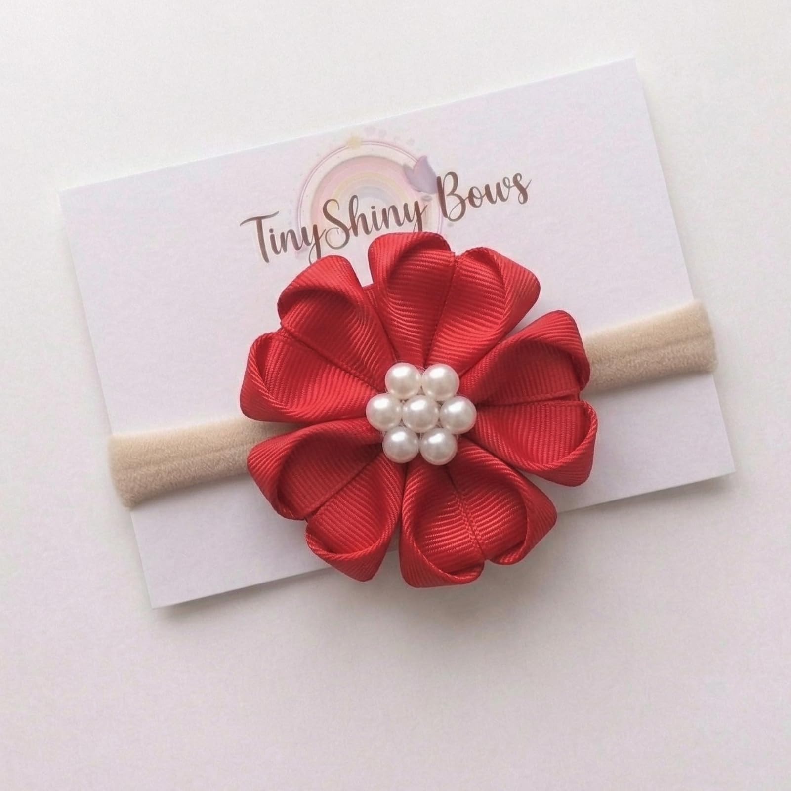 Tinyshiny Baby Girl Flower Headband With Pearl Center  Soft Stretch Nylon Hair Band For Infants, Toddlers & Kids (30+ Colors Av