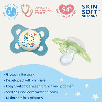 Mam Night Pacifiers 0-6 Months, Best For Breastfed Babies, Glow In The Dark, Baby Boy, 2 Count
