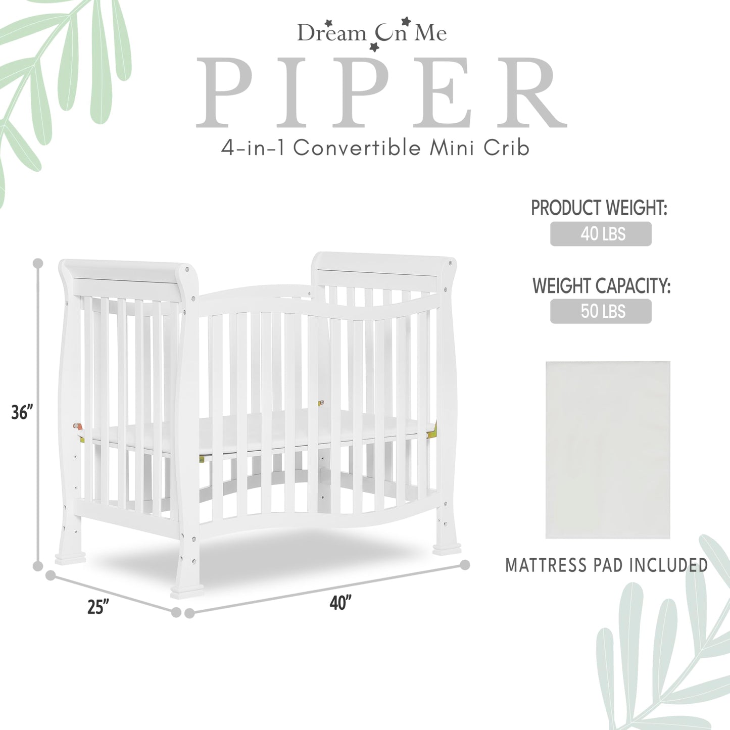Dream On Me Violet 4-In-1 Convertible Mini Crib In White, Greenguard Gold Certified, Jpma Certified, 3 Position Mattress Height
