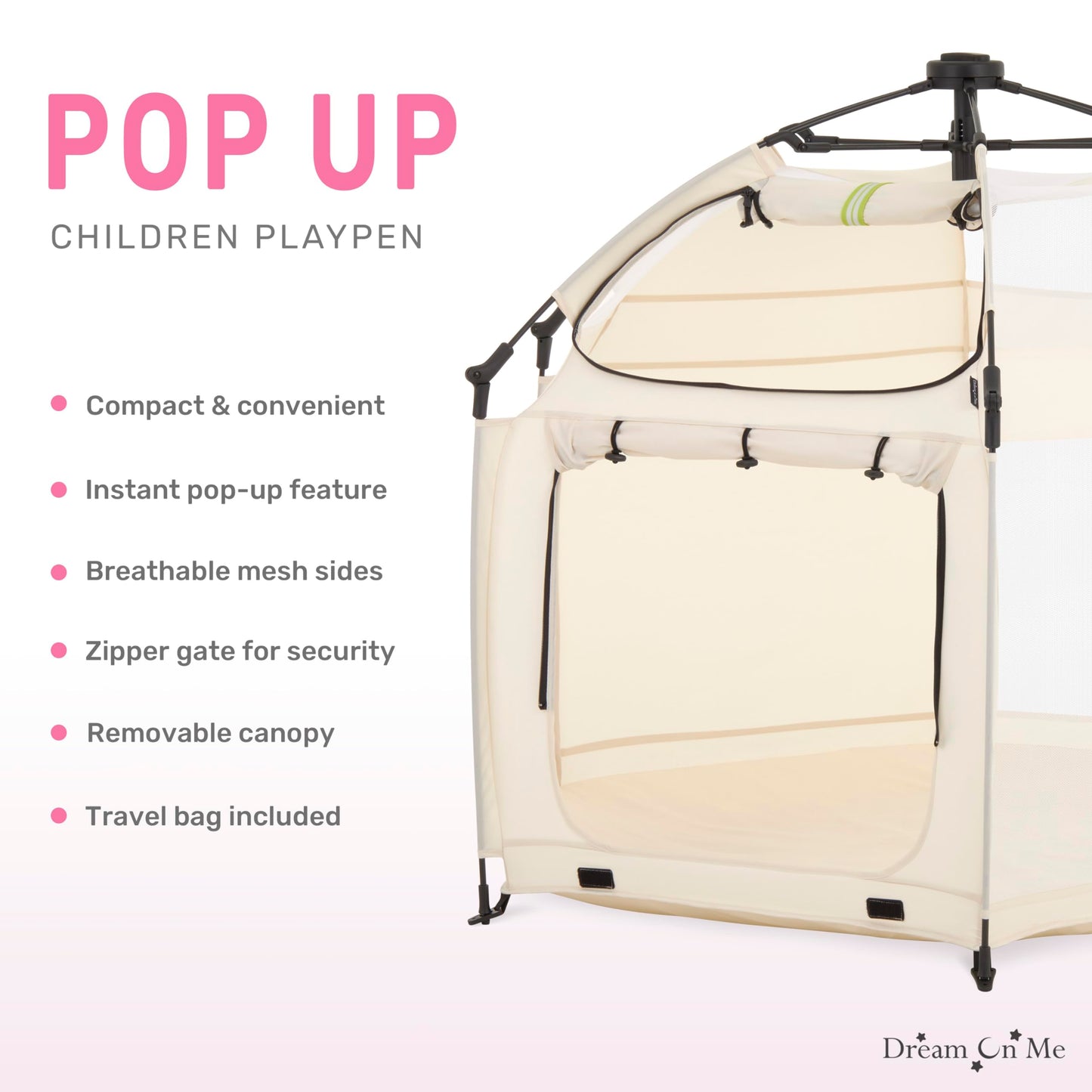 Dream On Me Pop Up Children Playpen In French White, Easy Set Up For Babies And Toddlers, Breathable Mesh Sides, One Hand Easy F