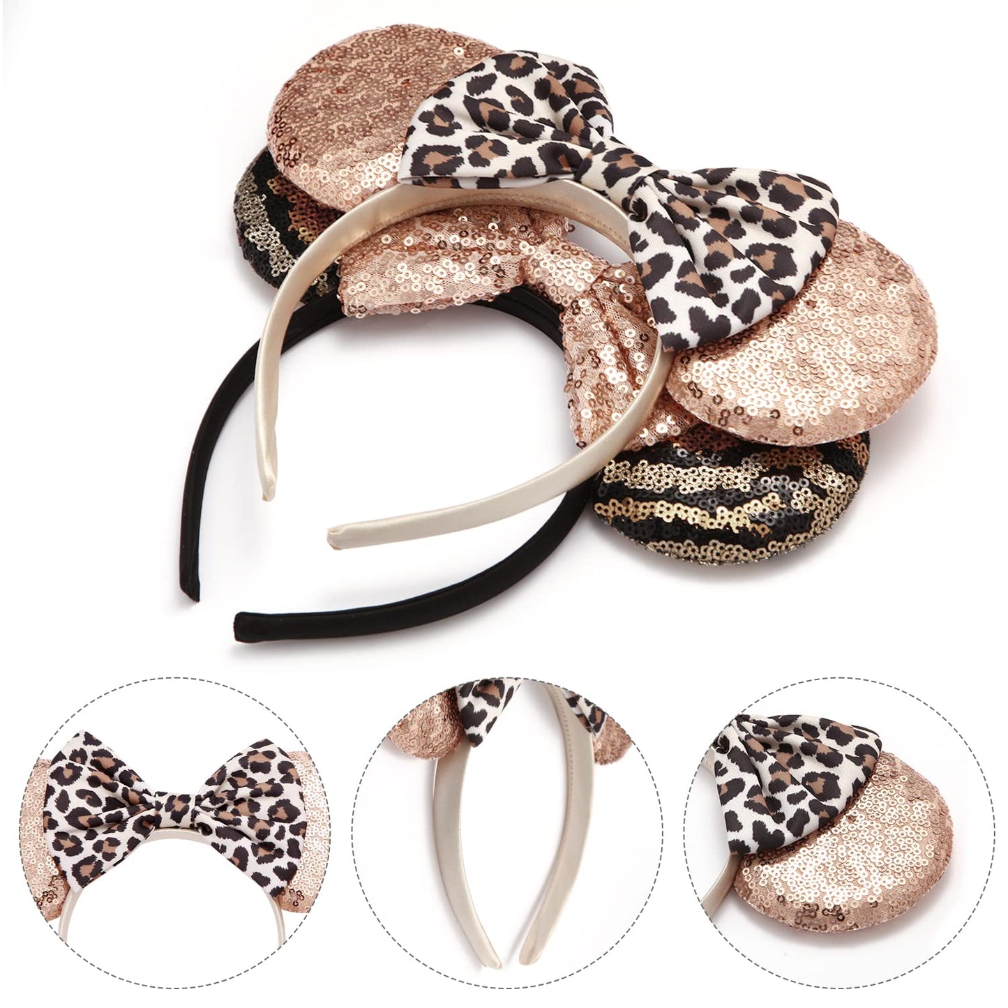 Rcjera Mouse Ears Glitter Headbands For Kids, Girls, Women - 2 Pcs Bow Headbands For Cosplay, Birthday, Christmas Parties