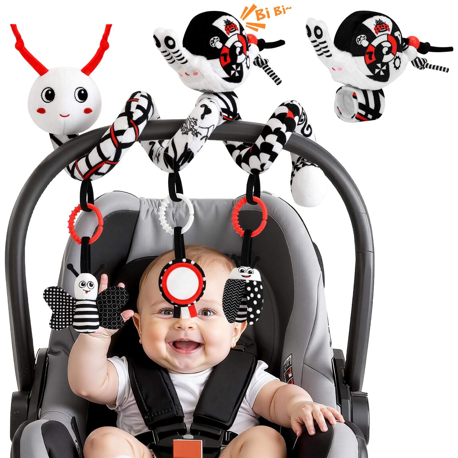 Spiral Car Seat Baby Toys 0-6 Months, Activity High Contrast Black White Sensory Toys with Wrist Rattles Set Hanging Stroller Ac