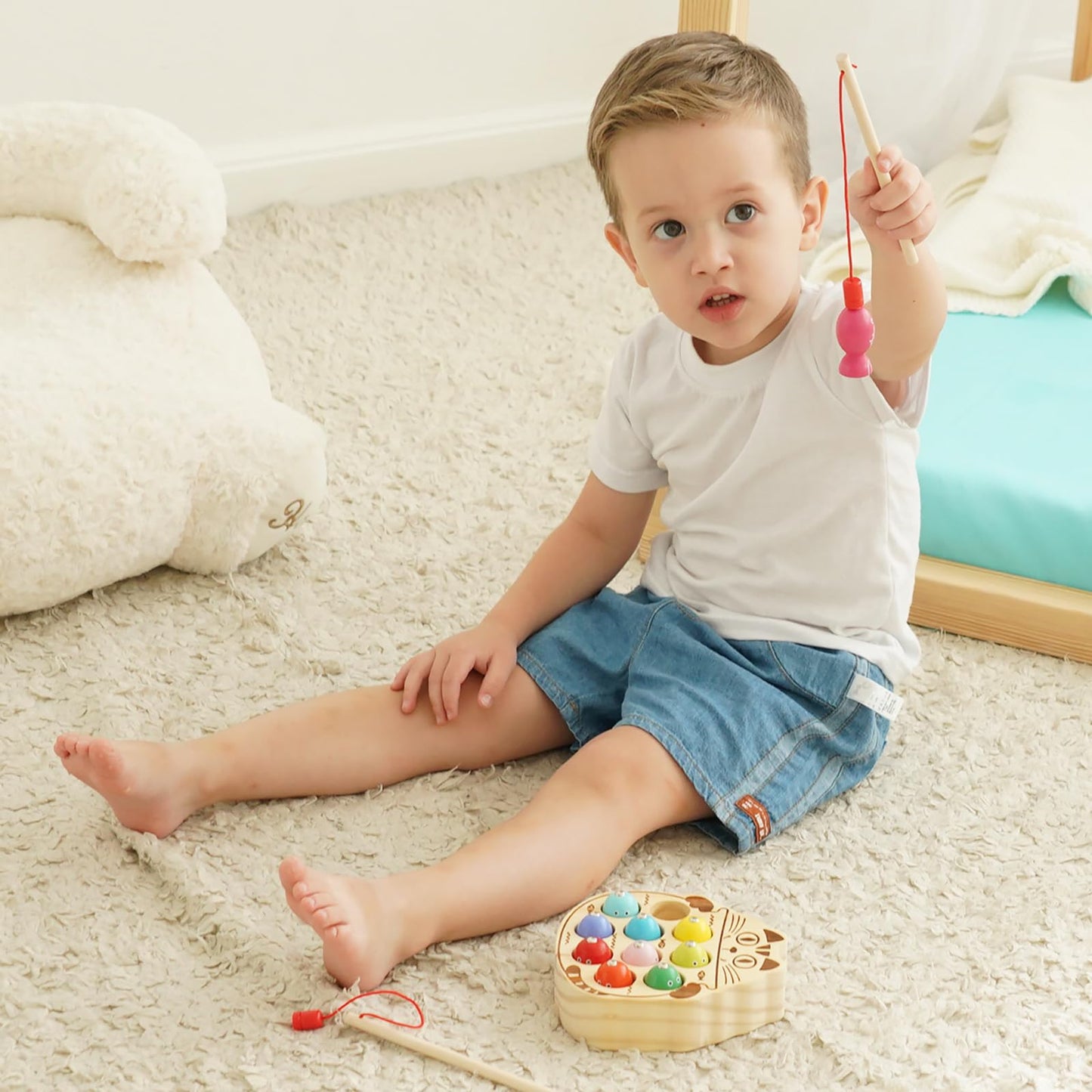 kidus Montessori Magnetic Wooden Fishing Game for Toddlers 1-3 Years Old,Fine Motor Skills Early Learning Eyes Hands Cooperation
