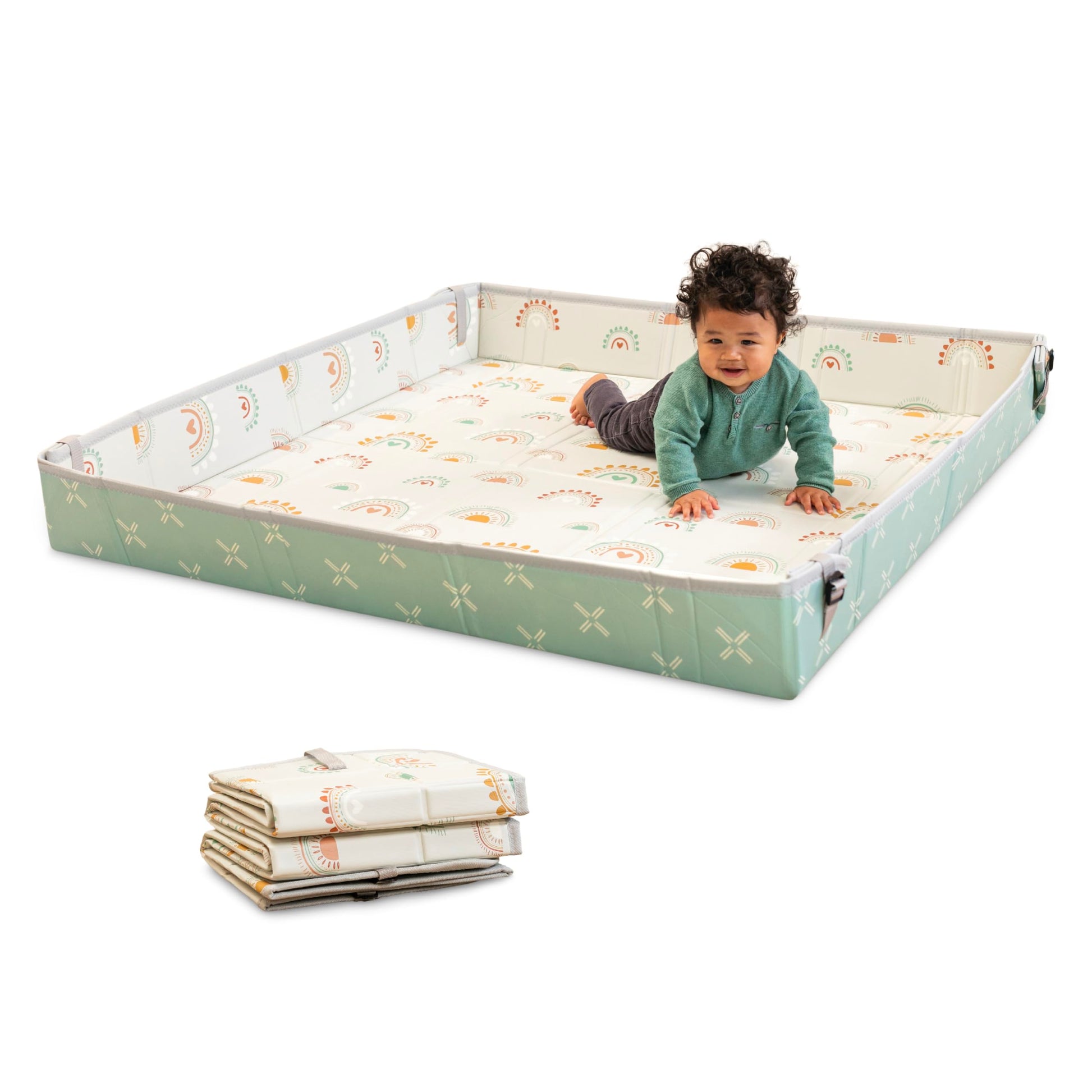 Infantino Foldable Soft Foam Mat, Extra Large Double-Sided Cushioned Portable Play Mat With Fold-Up Sides, Non Slip Crawling & P