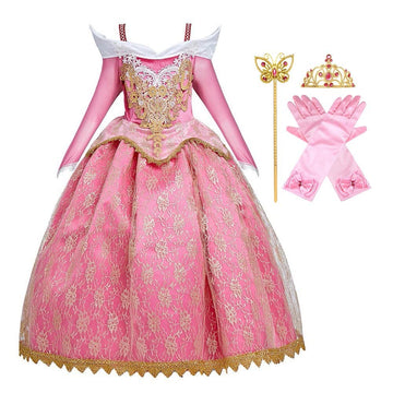Fmyfwy Girls Aurora Princess Dress Embroidered Lace Sleeping Beauty Fancy Dress Up Halloween Christmas Birthday Gown W/Accessori