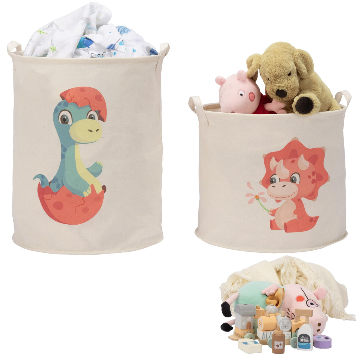 Navaris Red Dinosaur Toy Storage Baskets, Set of 2  Collapsible Toys & Laundry Kids Hamper  Round Washing Basket Ideal for Bab