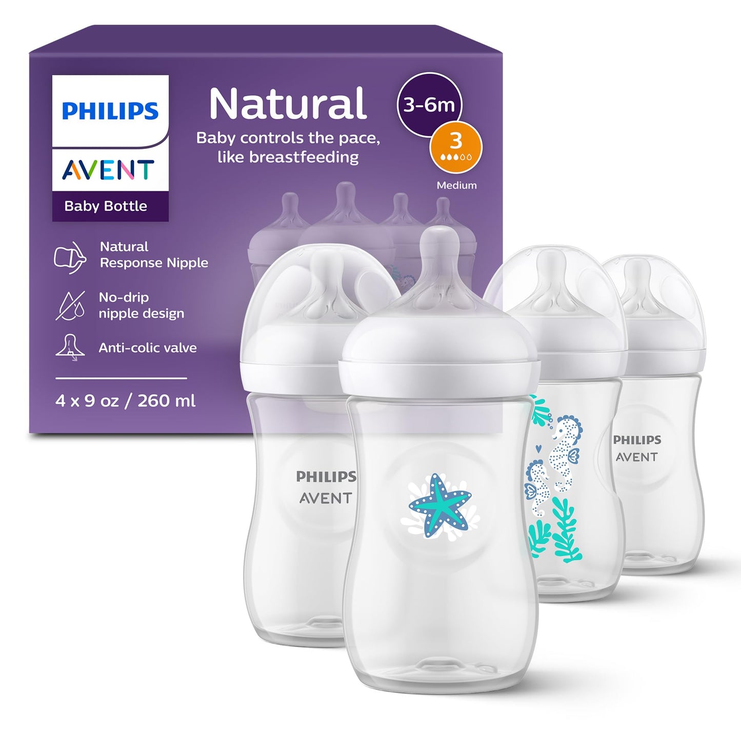 Philips Avent Natural Baby Bottles With Natural Response Nipples (Medium Flow, Flow 3), With Seahorse And Starfish Design, 9Oz,
