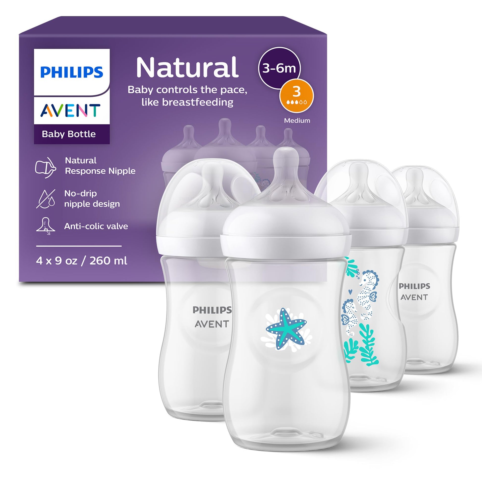 Philips Avent Natural Baby Bottles With Natural Response Nipples (Medium Flow, Flow 3), With Seahorse And Starfish Design, 9Oz,