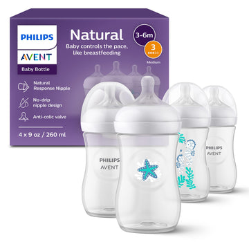 Philips Avent Natural Baby Bottles With Natural Response Nipples (Medium Flow, Flow 3), With Seahorse And Starfish Design, 9Oz,