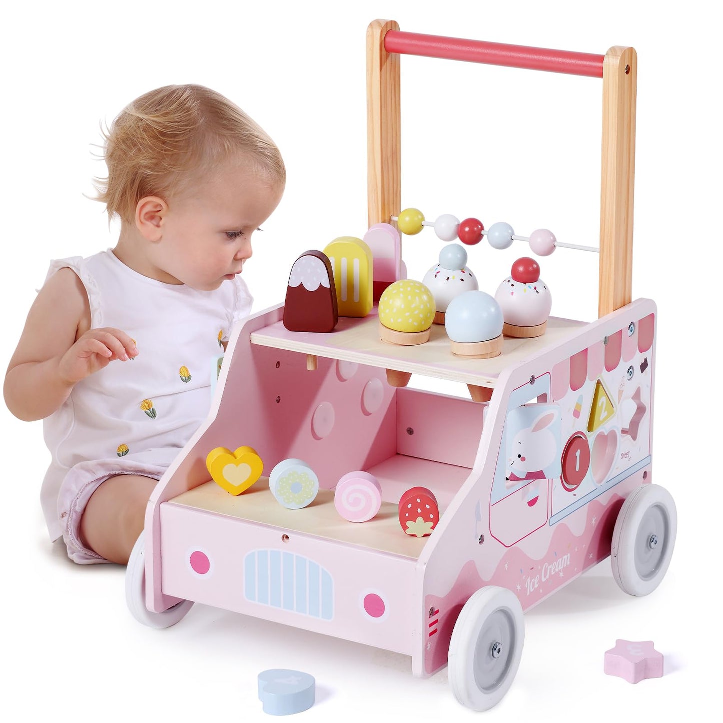 Labebe Wooden Baby Walker, Push Activity Walker For Kids 12M+, Multifunctional Ice Cream Cart Activity, Adjustable Speed Learnin
