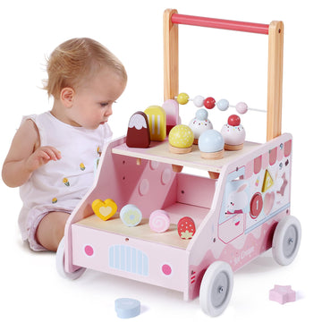 Labebe Wooden Baby Walker, Push Activity Walker For Kids 12M+, Multifunctional Ice Cream Cart Activity, Adjustable Speed Learnin