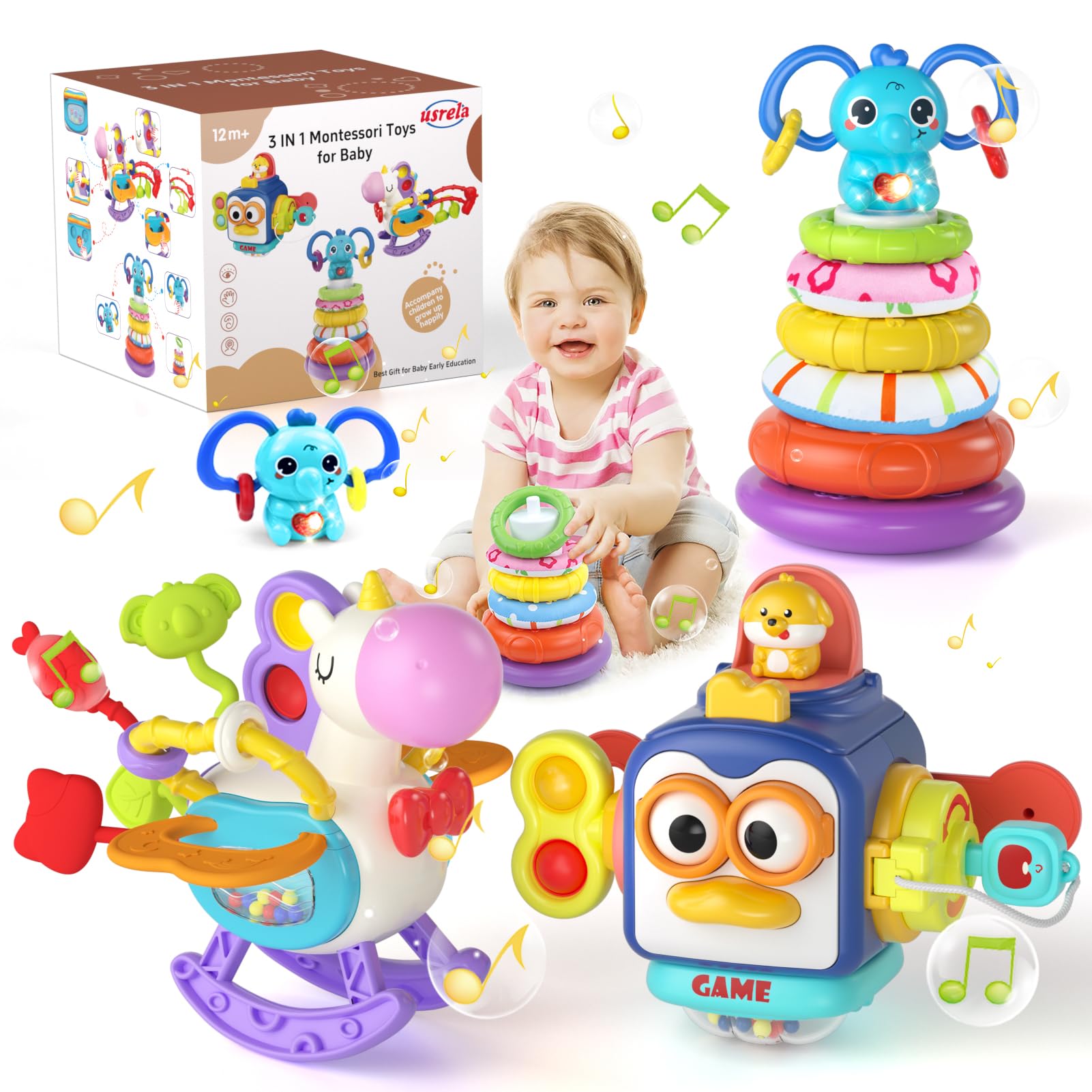 usrela Baby Toys for 1+ Year Old, Busy Board Sensory Toys for Toddlers 1-3, Baby Toys for 12-18 Months, Pull String Teether, Sta