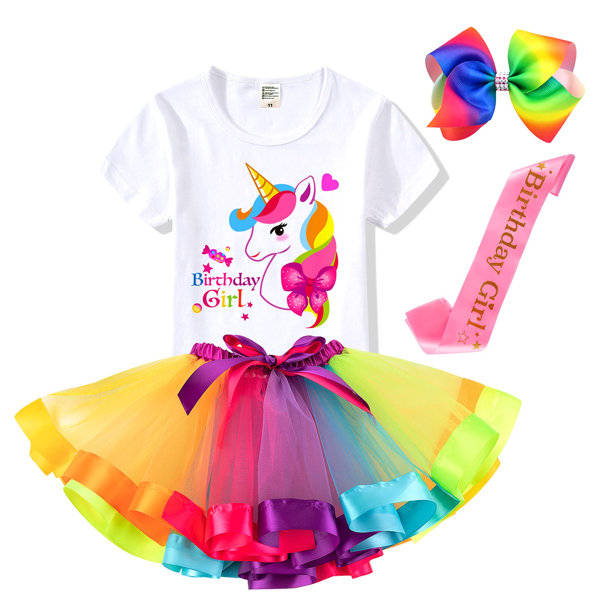 Birthday Girls Costume - Headband, Shirt, Tutu Skirt Dress, Satin Sash - Unicorn WBBAPB0B35RQ7Y3