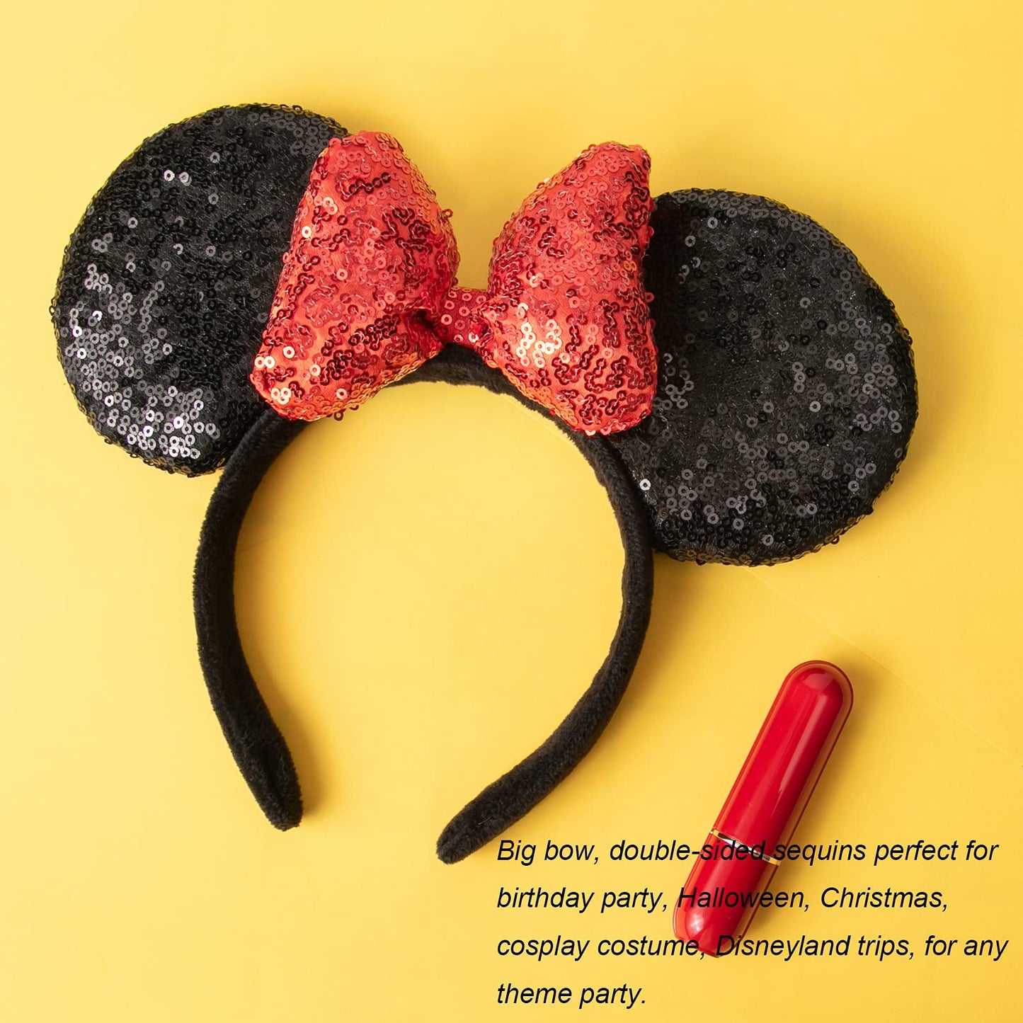 Chuangqi 1Pcs Mouse Ears Shiny Headband With 3D Bow, Double-Sided Sequin Hair Band For Birthday Party Or Amusement Park (3D Red