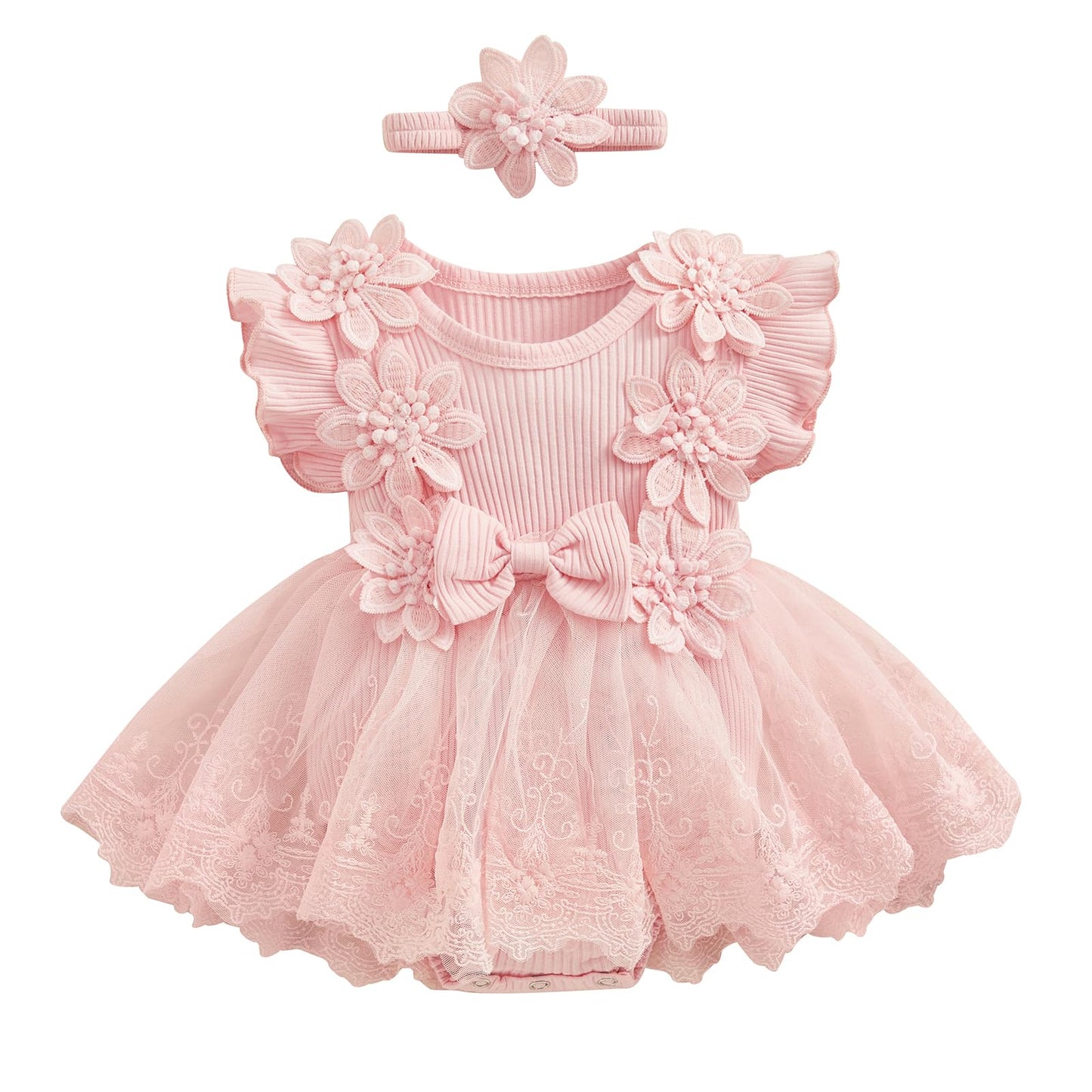 Infant Baby Girl Lace Romper Baby Tulle Dress Romper Flowers Bodysuit Spring Summer Festival Clothes with Headband (Pink, 0-3 Mo