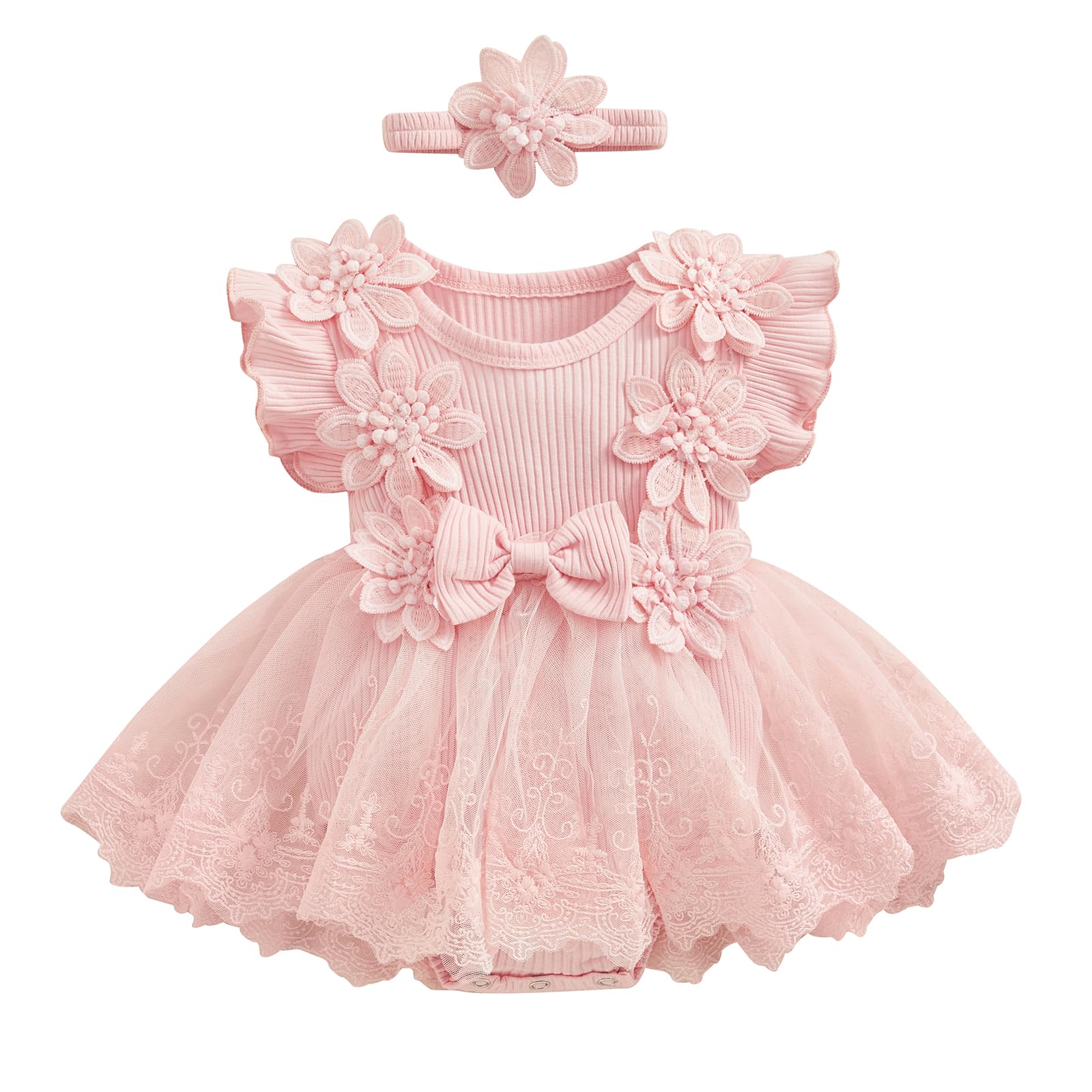Infant Baby Girl Lace Romper Baby Tulle Dress Romper Flowers Bodysuit Spring Summer Festival Clothes with Headband (Pink, 0-3 Mo