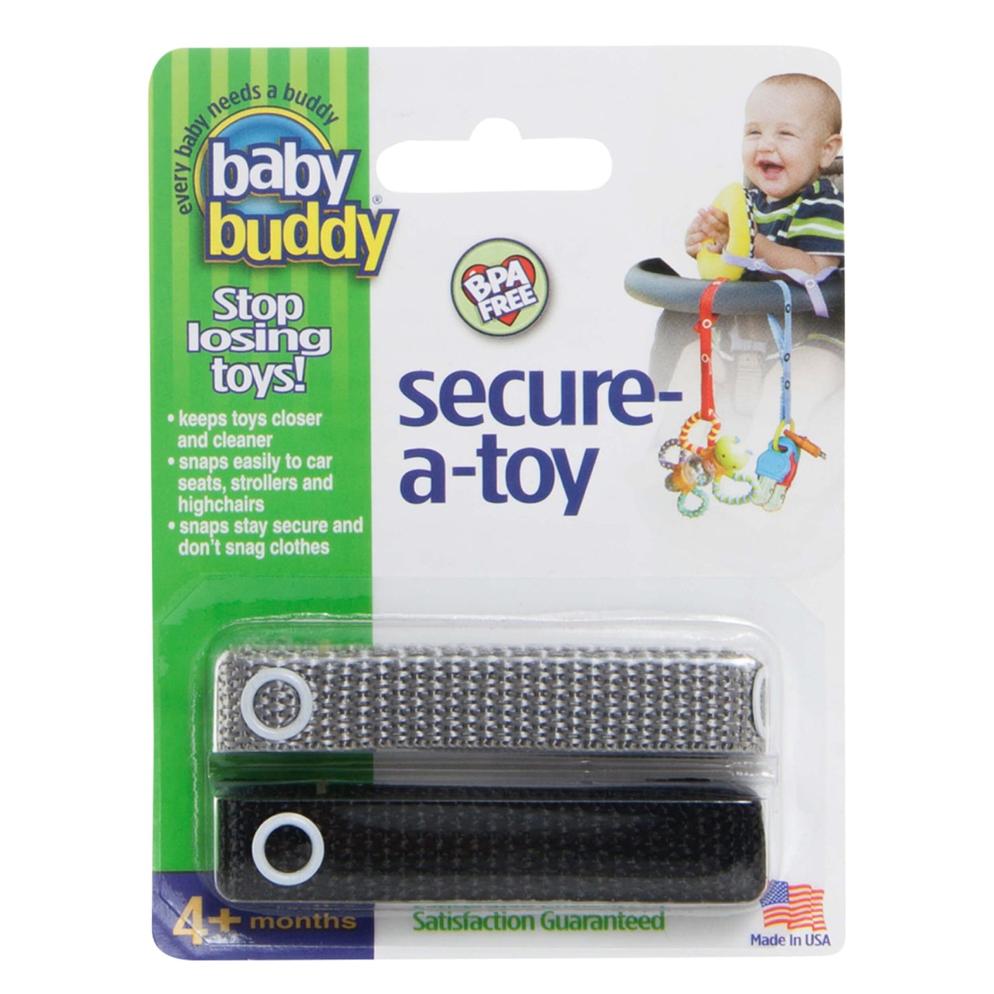 Baby Buddy Secure-a-Toy, Adjustable Pacifier and Teether Strap for Stroller, Highchair, and Car Seat, Black Gray, 2 Pack