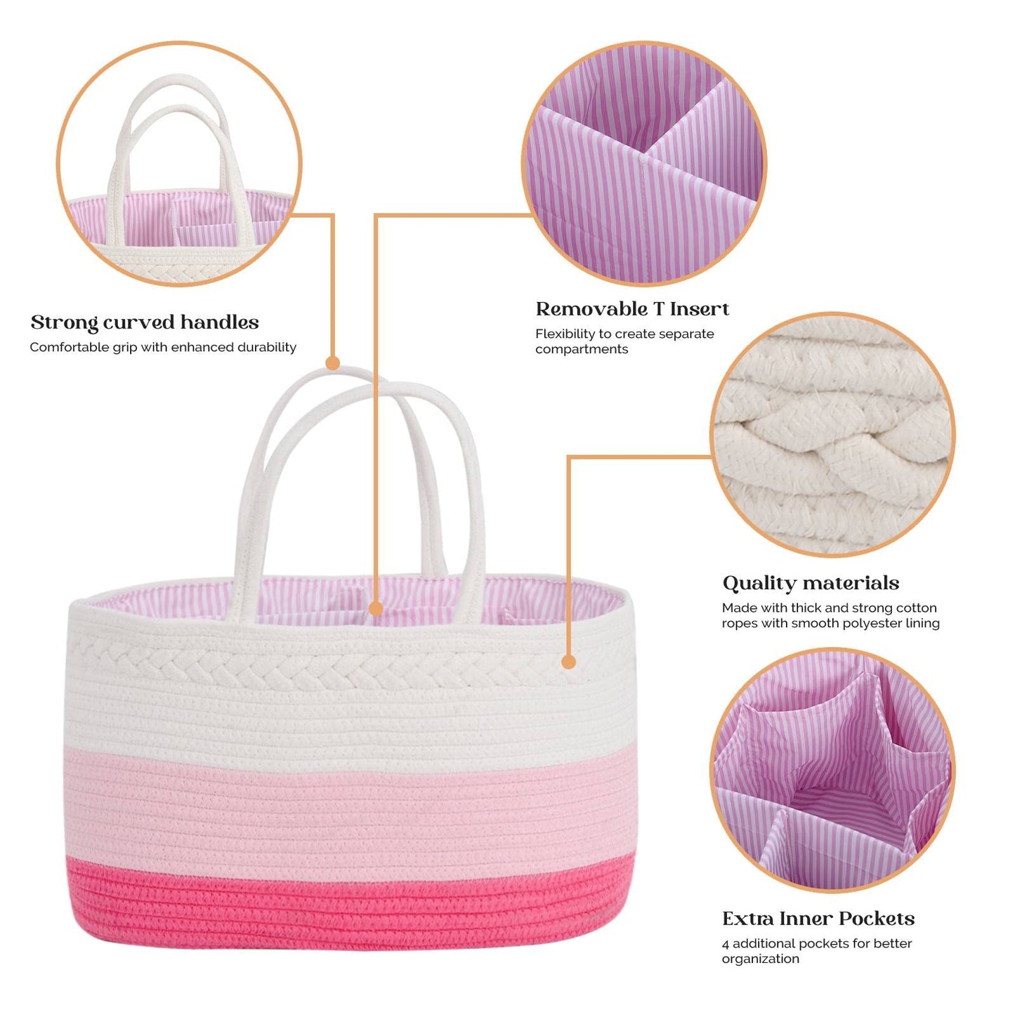 Baby Diaper Caddy Organizer, Extra Large Cotton Rope Nursery Diaper Basket, Changing Table Organizer, Portable Tote Bag With Div