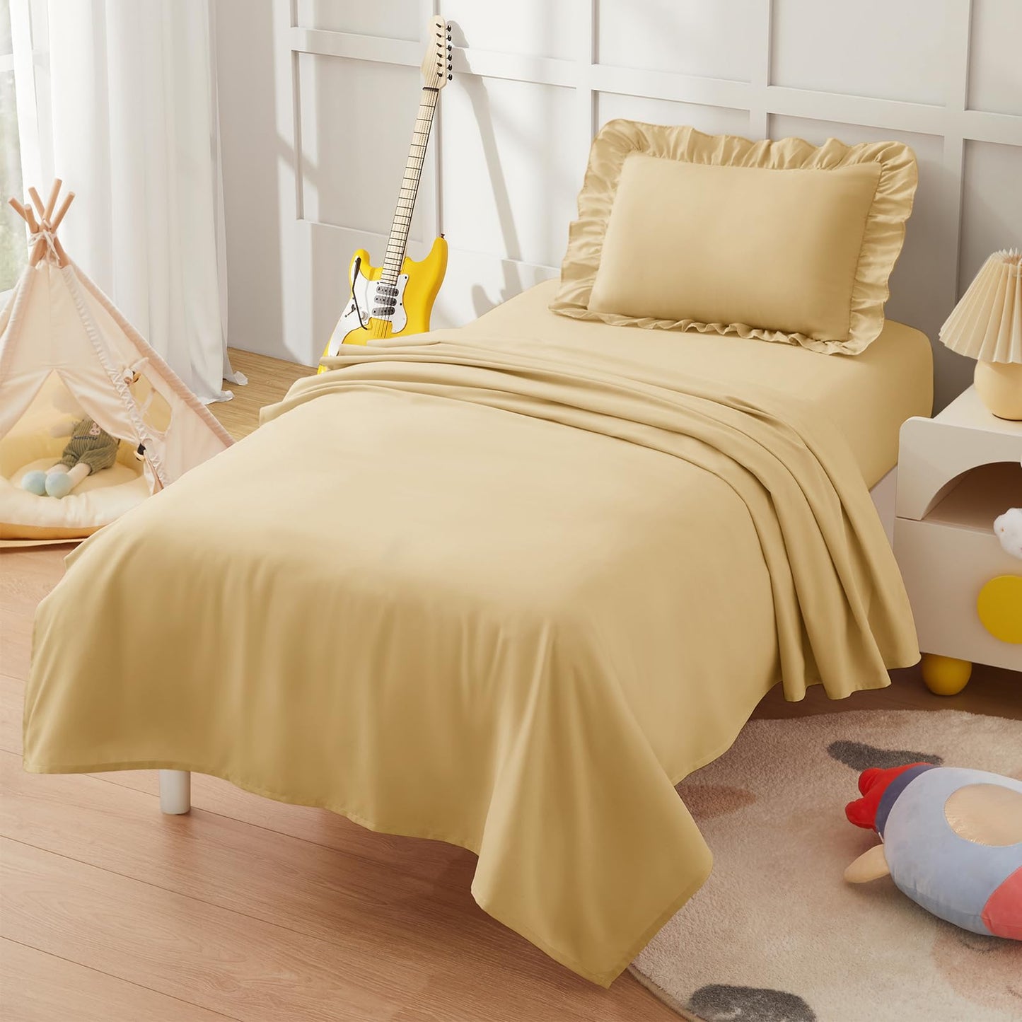 KKJIAF 3 Piece Toddler Sheet Set Microfiber, Includes a Flat Sheet, a Fitted Sheet and a Ruffle Pillowcase, Gold