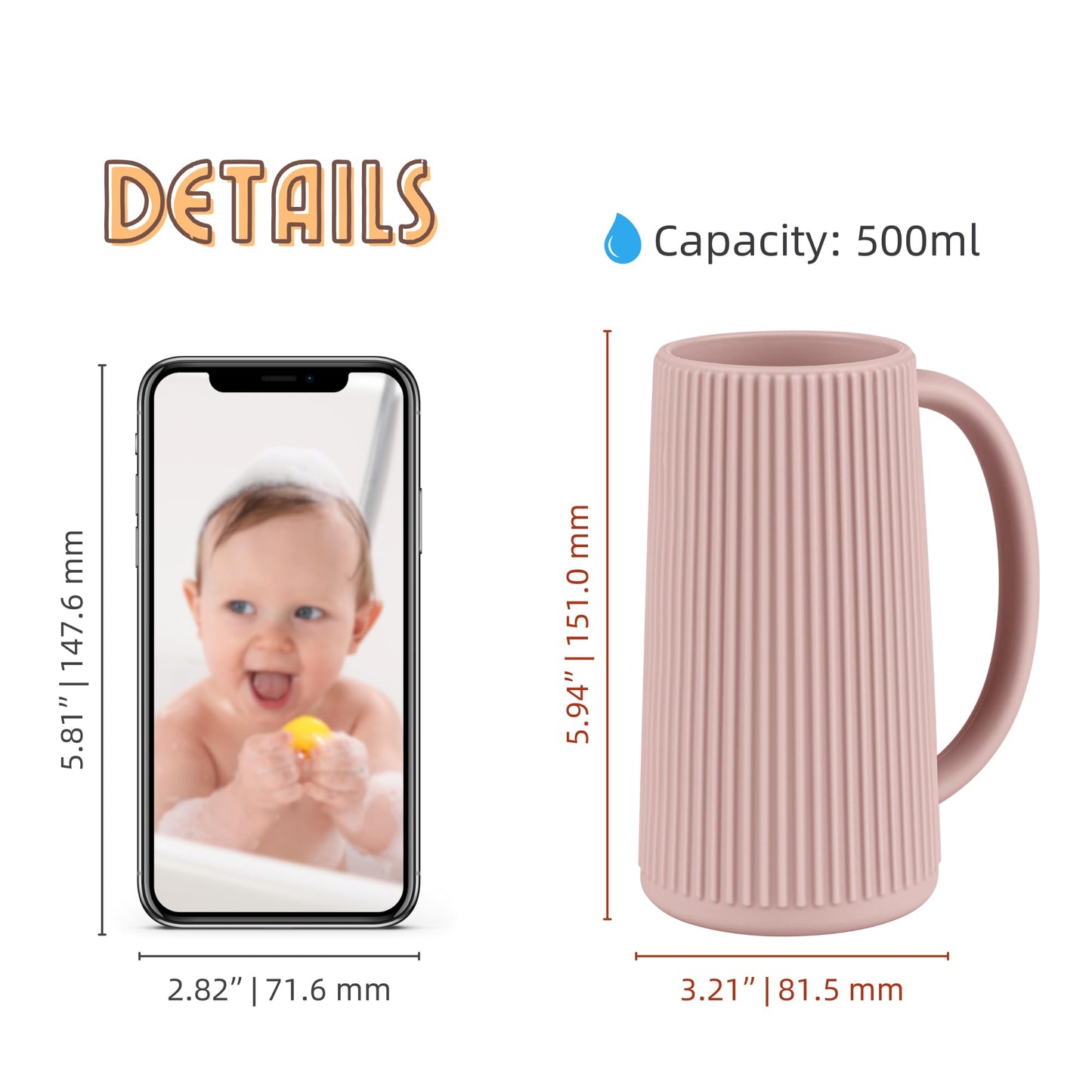 Nothomme Food Grade Silicone Wash Rinser Cup For Kids With Easy Grip Handle, Baby Bath Rinse Cup (Blush)