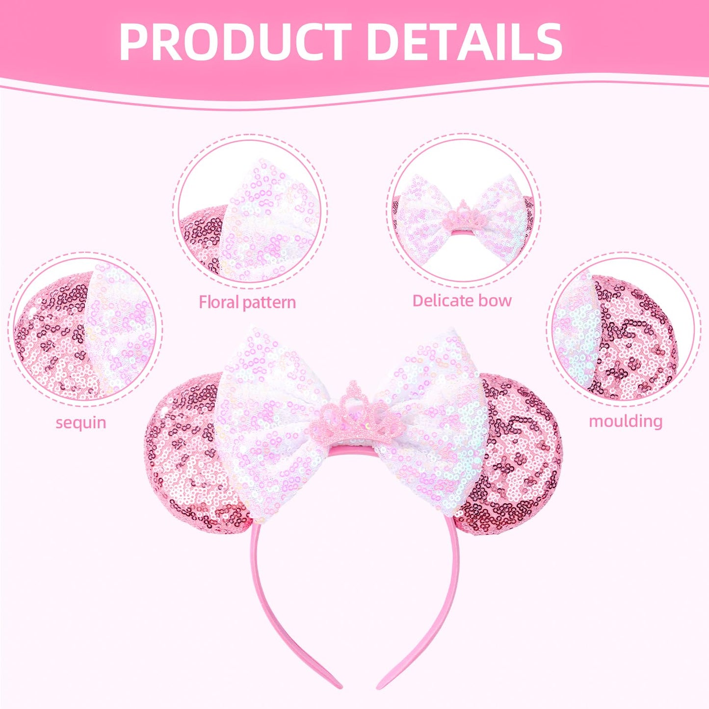 Razko Pink Minnie Ears Headband With Bow, Sparkle Pink Mouse Ears Headband For Girls Women