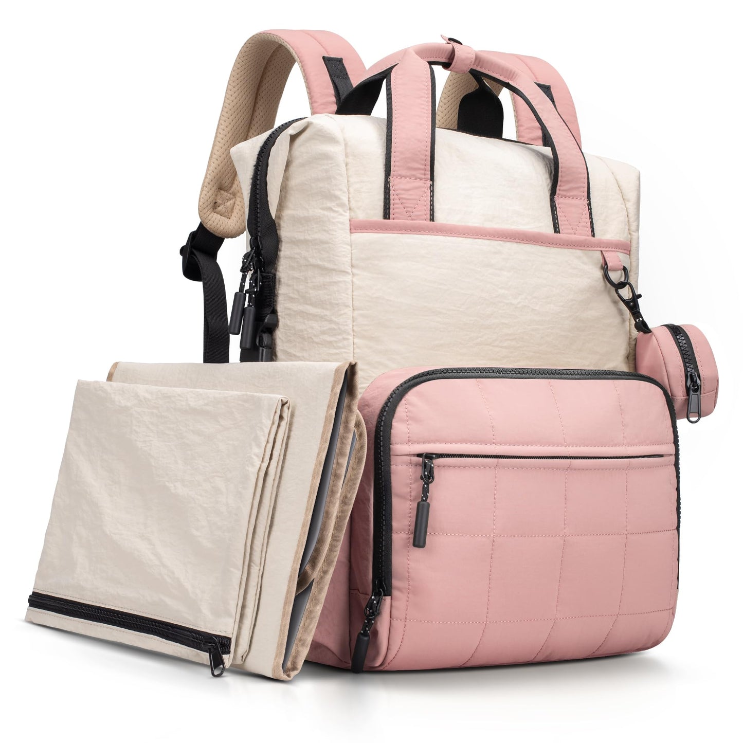 VONAL Diaper Bag Backpack, Lightweight Baby Diaper Bags, Travel Large Diaper Bag with Changing Station, Pink Diaper Backpack for