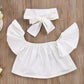 3Pcs Toddler Girl Baby Off Sloulder Top Ruffle Blouse + Blue Ripped Long Jeans + White Bowknot Headband Sets (White-Blue, 5-6 T)