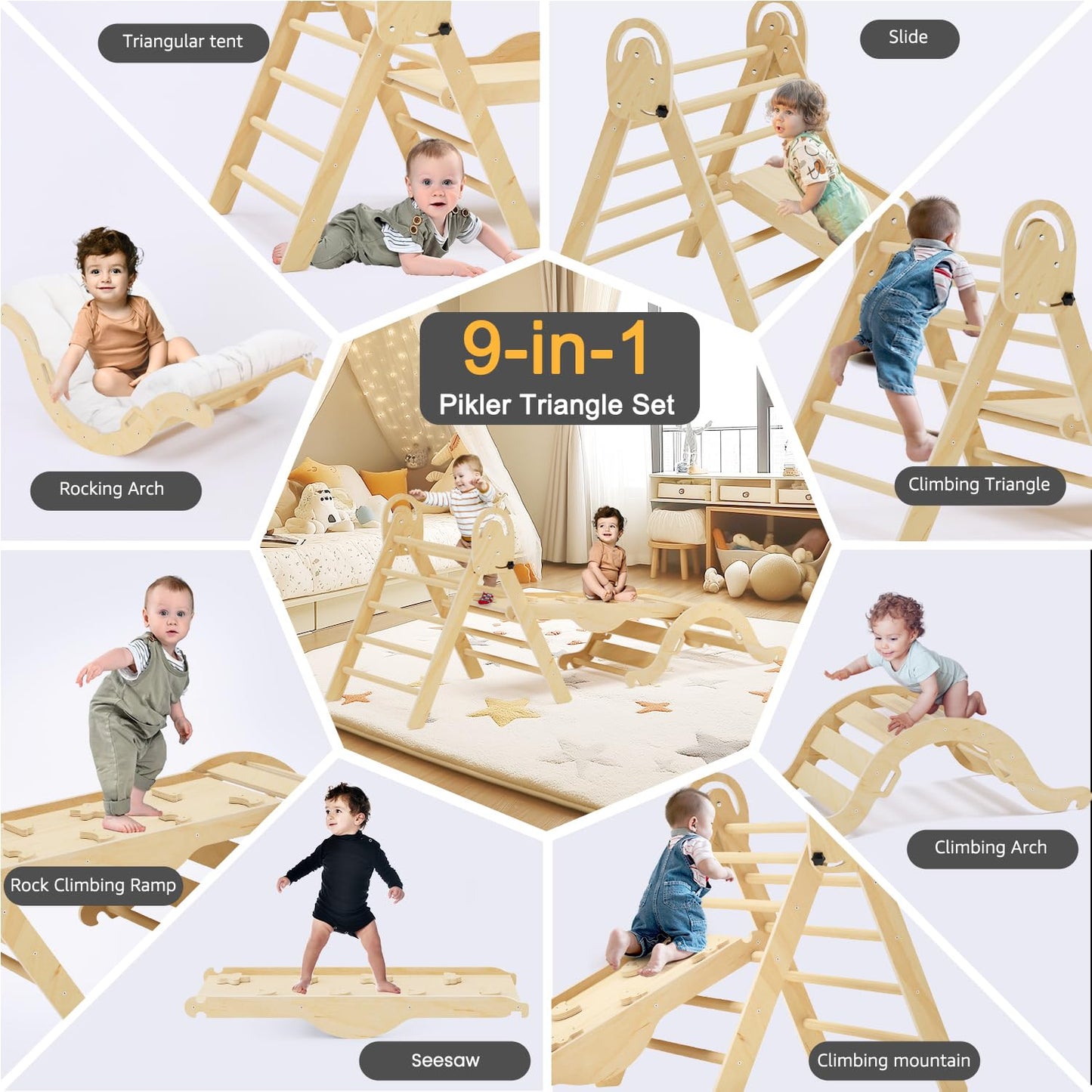 Pikler Triangle Set With Cushion, Indoor Climbing Toys, Montessori Climbing Set, Climbing Toys For Toddlers 1-3 Inside, 9 Combin