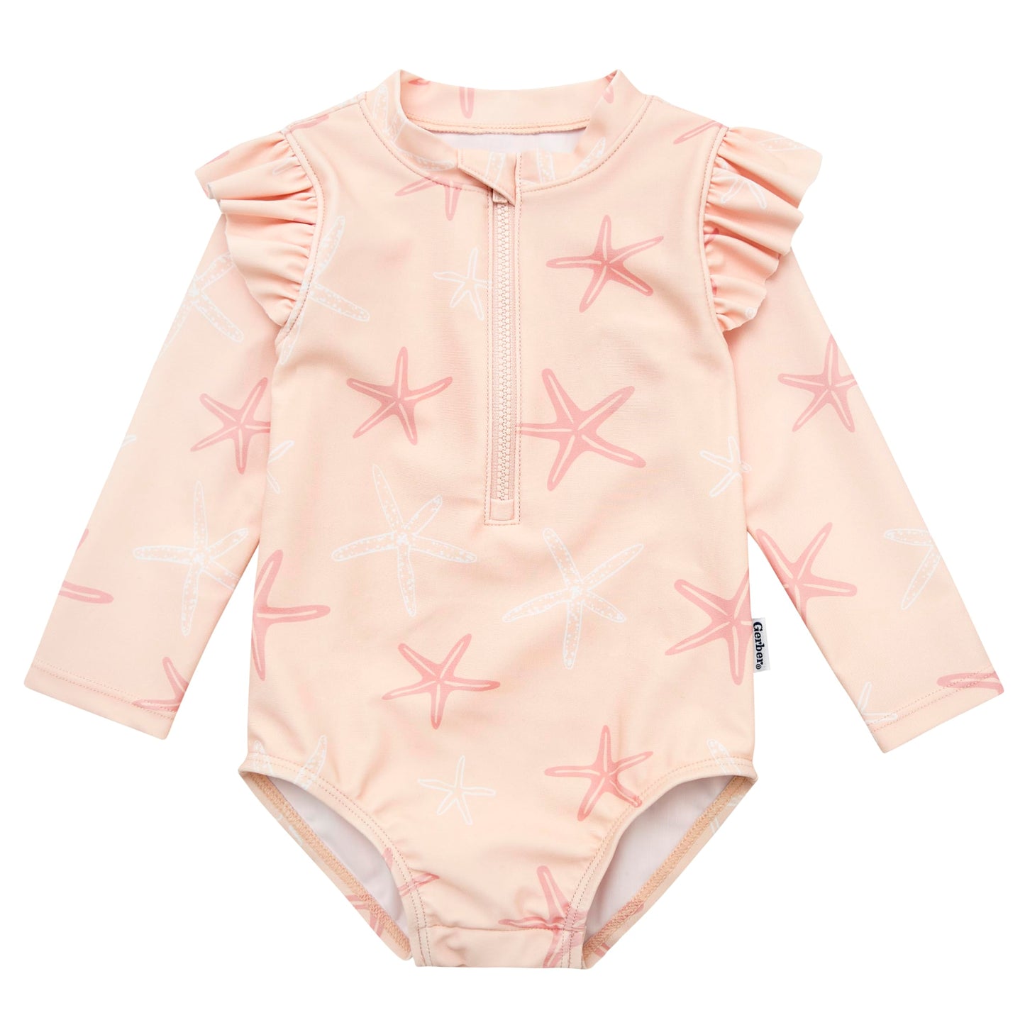 Gerber Girls' Toddler Long Sleeve One Piece Rashguard Swimsuit, Pink Starfish