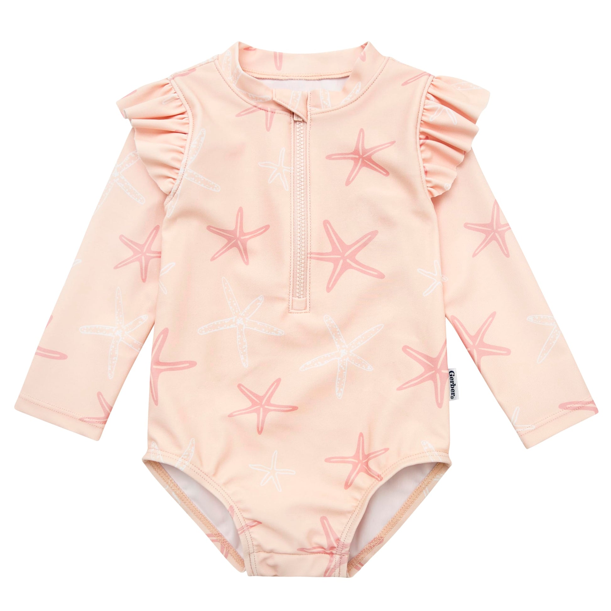 Gerber Girls' Toddler Long Sleeve One Piece Rashguard Swimsuit, Pink Starfish
