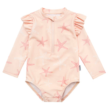 Gerber Girls' Toddler Long Sleeve One Piece Rashguard Swimsuit, Pink Starfish