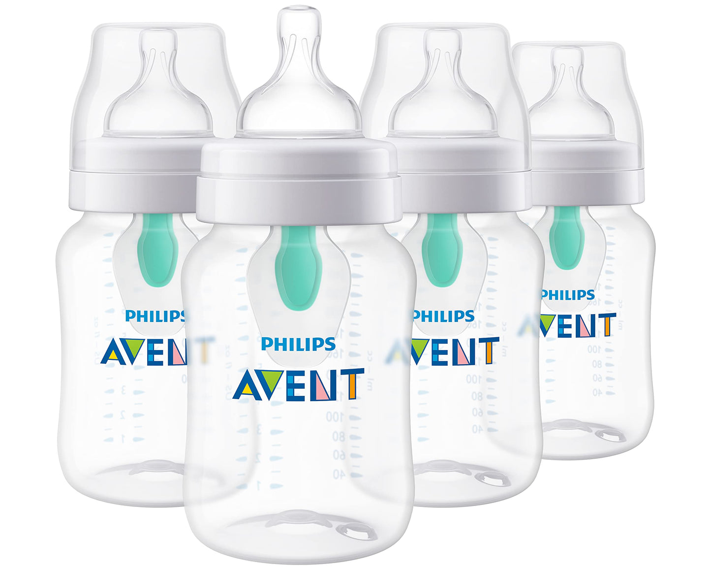 Philips Avent Anti-Colic Baby Bottle with AirFree Vent, 9oz, with Flow 2 Nipples, 1m+, 4pk, Clear, SCY703/04 (Pack of 6)