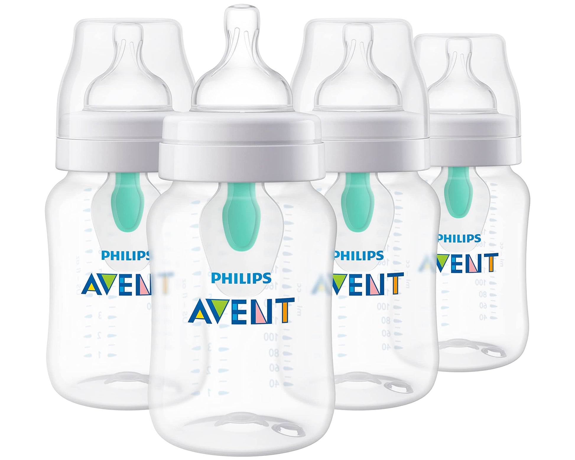 Philips Avent Anti-Colic Baby Bottle with AirFree Vent, 9oz, with Flow 2 Nipples, 1m+, 4pk, Clear, SCY703/04 (Pack of 6)