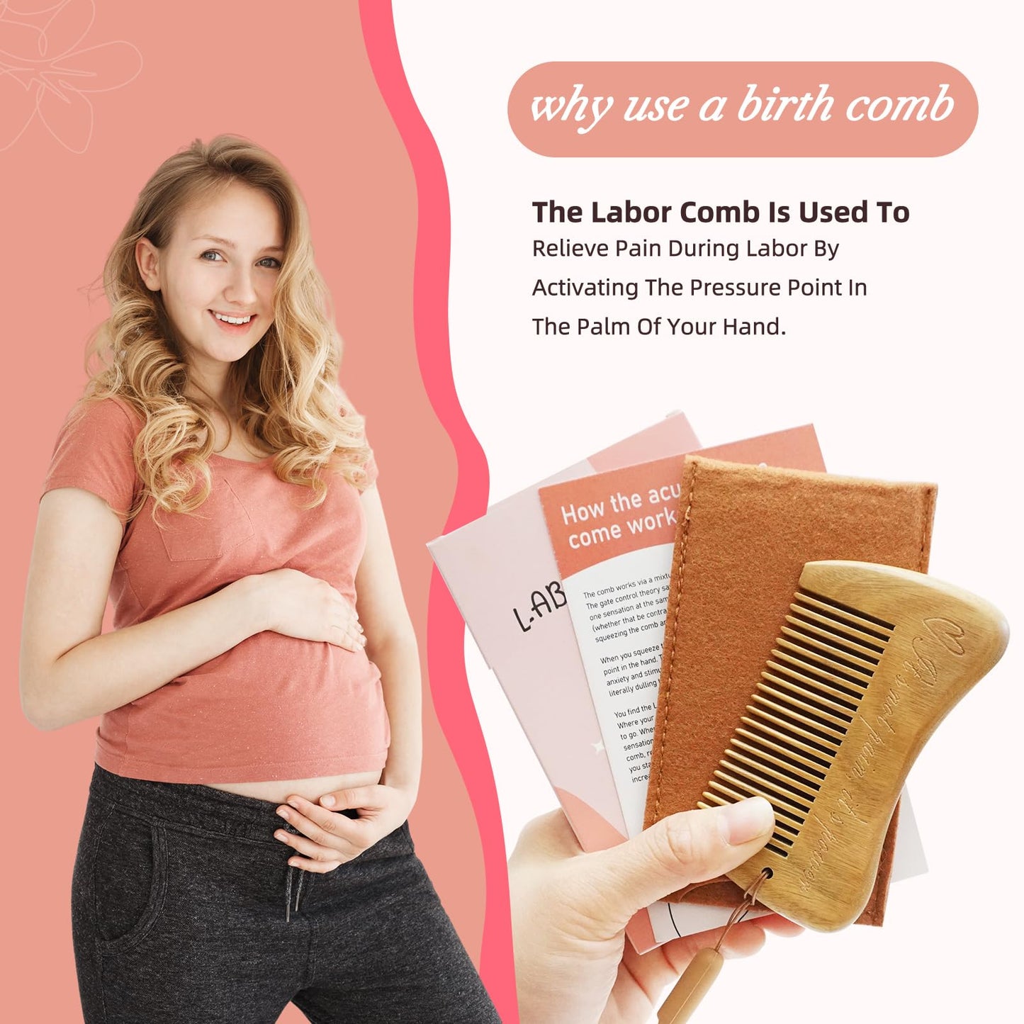 Mowawa Sandalwood Birthing Comb For Labor Pain Relief & Delivery - Labour Gifts With Birth Affirmation For Women- Wood Comb For